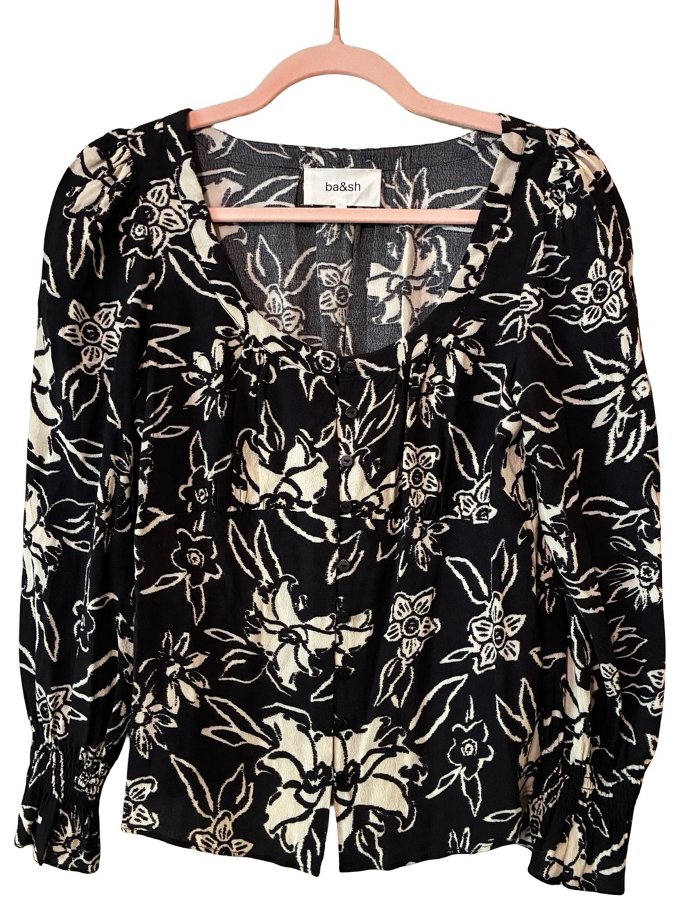 Ba&sh Sessee Floral-Print Blouse in Black and Ecru, Size US 4. - Picture 3 of 12